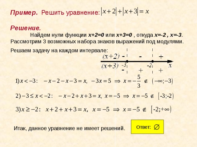 Пример . Решить уравнение: Решение.  Найдем нули функции x+2=0 или  x+3=0 , откуда x=-2 , x=-3 . Рассмотрим 3 возможных набора знаков выражений под модулями. . Решаем задачу на каждом интервале:  Ответ: Итак, данное уравнение не имеет решений. 