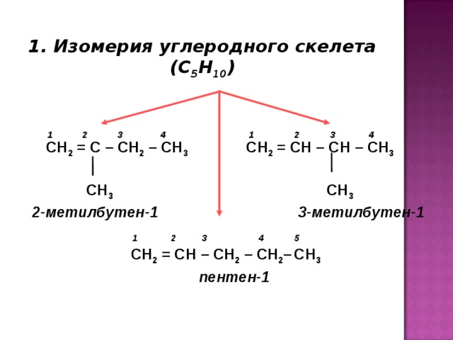1. Изомерия углеродного скелета (С 5 Н 10 )    1  2  3  4   1  2 3 4  СН 2 = С – СН 2 – СН 3   СН 2 = СН – СН – СН 3         СН 3     СН 3  2-метилбутен-1    3-метилбутен-1     1 2 3  4 5  СН 2 = С H –  СН 2 – СН 2 –  СН 3    пентен-1          