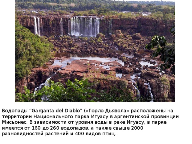 Водопады “Garganta del Diablo” («Горло Дьявола» расположены на территории Национального парка Игуасу в аргентинской провинции Мисьонес. В зависимости от уровня воды в реке Игуасу, в парке имеется от 160 до 260 водопадов, а также свыше 2000 разновидностей растений и 400 видов птиц. 