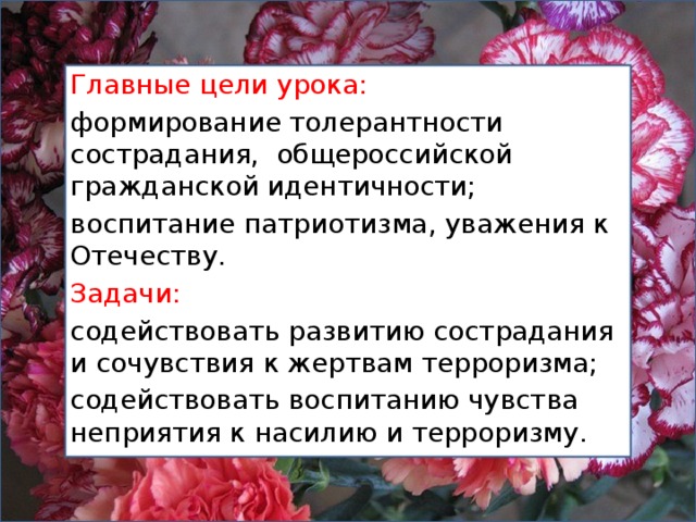 Главные цели урока: формирование толерантности сострадания, общероссийской гражданской идентичности; воспитание патриотизма, уважения к Отечеству. Задачи: содействовать развитию сострадания и сочувствия к жертвам терроризма; содействовать воспитанию чувства неприятия к насилию и терроризму. 