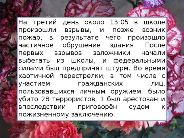 На третий день около 13:05 в школе произошли взрывы, и позже возник пожар, в результате чего произошло частичное обрушение здания. После первых взрывов заложники начали выбегать из школы, и федеральными силами был предпринят штурм. Во время хаотичной перестрелки, в том числе с участием гражданских лиц, пользовавшихся личным оружием, было убито 28 террористов, 1 был арестован и впоследствии приговорён судом к пожизненному заключению. 