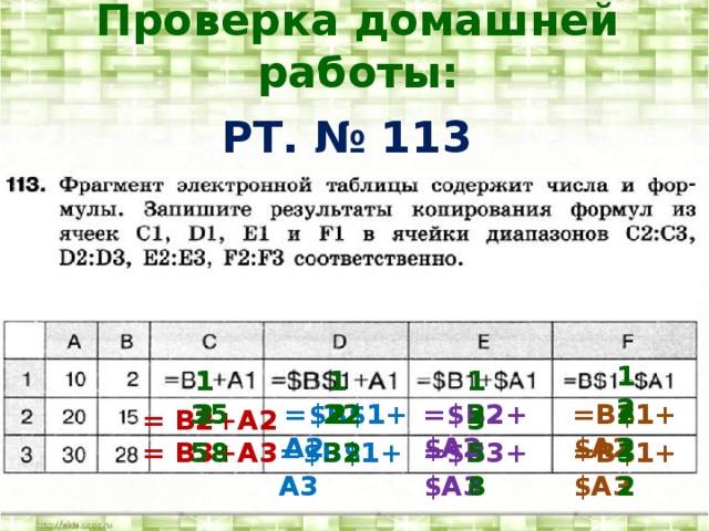 Проверка домашней работы: РТ. № 113 12 12 12 12 22 =B$1+$A2 =$B2+$A2 35 =$B$1+A2 22 = B2+A2 35 58 =B$1+$A3 =$B3+$A3 =$B$1+A3 = B3+A3 32 58 32 