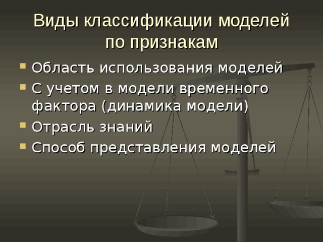 Виды классификации моделей  по признакам Область использования моделей С учетом в модели временного фактора (динамика модели) Отрасль знаний Способ представления моделей 