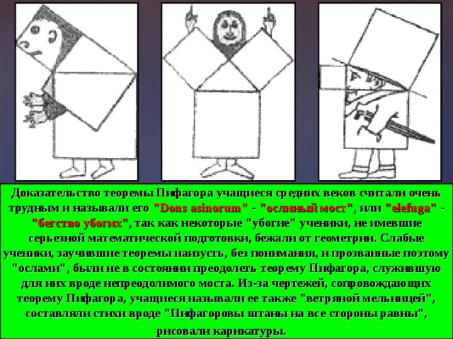 Доказательство теоремы Пифагора учащиеся средних веков считали очень трудным и называли его 