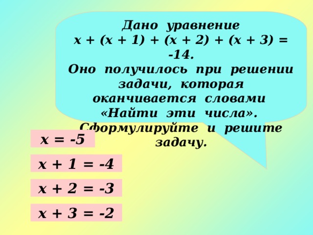 Дано уравнение х + (х + 1) + (х + 2) + (х + 3) = -14. Оно получилось при решении задачи, которая оканчивается словами «Найти эти числа». Сформулируйте и решите задачу. х = -5 х + 1 = -4 х + 2 = -3 х + 3 = -2 