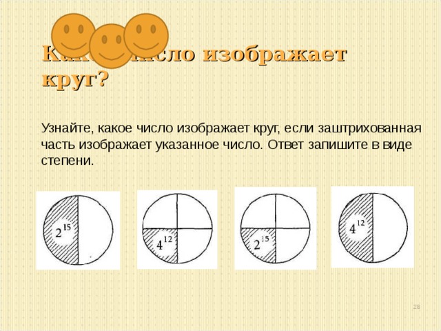 Какое число изображает круг? Узнайте, какое число изображает круг, если заштрихованная часть изображает указанное число. Ответ запишите в виде степени.  