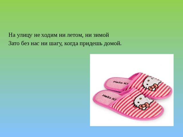 На улицу не ходим ни летом, ни зимой Зато без нас ни шагу, когда придешь домой. 