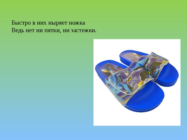 Быстро в них ныряет ножка Ведь нет ни пятки, ни застежки. 