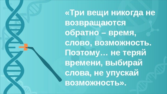 «Три вещи никогда не возвращаются обратно – время, слово, возможность. Поэтому… не теряй времени, выбирай слова, не упускай возможность». 