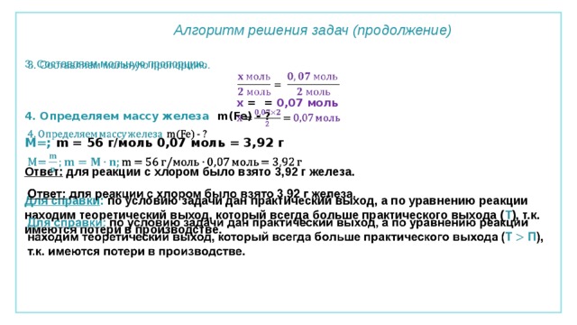 Алгоритм решения задач (продолжение) 3. Составляем мольную пропорцию.   x =  = 0,07 моль 4. Определяем массу железа m(Fe) - ?  M=; m = 56 г/моль 0,07 моль = 3,92 г  Ответ: для реакции с хлором было взято 3,92 г железа.  Для справки : по условию задачи дан практический выход, а по уравнению реакции находим теоретический выход, который всегда больше практического выхода ( Т ), т.к. имеются потери в производстве. 