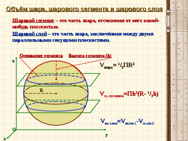 Объём шара, шарового сегмента и шарового слоя Шаровой сегмент – это часть шара, отсекаемая от него какой-нибудь плоскостью. Шаровой слой – это часть шара, заключённая между двумя параллельными секущими плоскостями. Основание сегмента Высота сегмента ( h) z V шара =  4 / 3 П R 2 R V ш. сегмента =П h 2 (R- 1 / 3 h) V ш. слоя = V ш.сег.1 -V ш.сег.2 O y x 