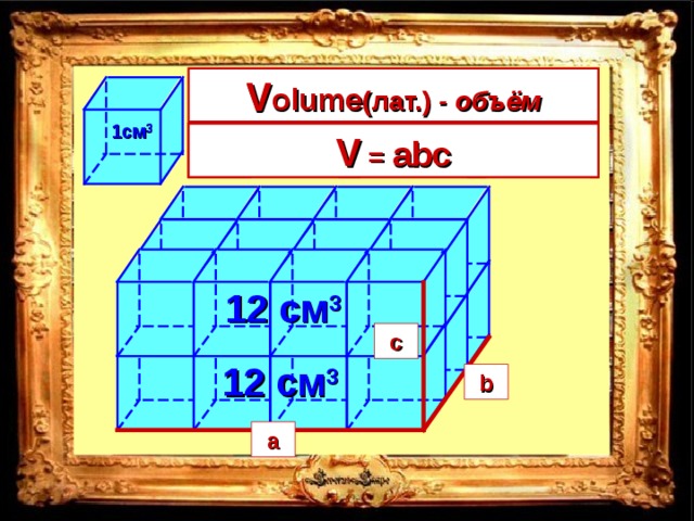 V olume ( лат.) - объём V 4 • 3 • 2 = 24см 3 1см 3 V  = длина • ширина • высота V  =  abc a b c 12 см 3 c 2 см 12 см 3 b 3 см a 4 см