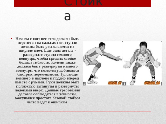 Стойка Начнем с ног: вес тела должен быть перенесен на пальцах ног, ступни должны быть расположены на ширине плеч. Еще одна деталь - разверните ступни немного вовнутрь, чтобы придать стойке больше гибкости. Колени также должны быть развернуты немного вовнутрь, что позволяет добиваться быстрых перемещений. Туловище немного в наклоне и подано вперед вместе с руками. Руки должны быть полностью вытянуты и развернуты ладонями вверх. Данные требования должны соблюдаться в точности, кажущаяся простота базовой стойки часто ведет к ошибкам 