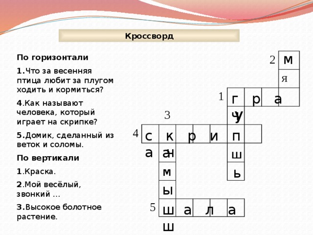 Кроссворд 4 3 1 2 5 я м По горизонтали 1. Что за весенняя птица любит за плугом ходить и кормиться? 4 .Как называют человека, который играет на скрипке? 5. Домик, сделанный из веток и соломы. По вертикали 1 .Краска. 2 .Мой весёлый, звонкий … 3. Высокое болотное растение. г р а ч у с к р и п а ч а ш  ь м ы ш а л а ш 