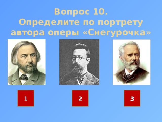 Вопрос 10.  Определите по портрету автора оперы «Снегурочка» 1 2 3 