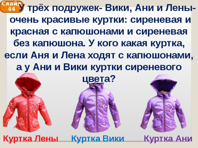  У трёх подружек- Вики, Ани и Лены- очень красивые куртки: сиреневая и красная с капюшонами и сиреневая без капюшона. У кого какая куртка, если Аня и Лена ходят с капюшонами, а у Ани и Вики куртки сиреневого цвета? Слайд 44 Куртка Ани Куртка Вики Куртка Лены 
