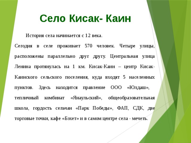Село Кисак- Каин  История села начинается с 12 века. Сегодня в селе проживает 570 человек. Четыре улицы, расположены параллельно друг другу. Центральная улица Ленина протянулась на 1 км. Кисак-Каин – центр Кисак-Каинского сельского поселения, куда входят 5 населенных пунктов. Здесь находится правление ООО «Юлдаш», тепличный комбинат «Янаульский», общеобразовательная школа, гордость сельчан «Парк Победы», ФАП, СДК, две торговые точки, кафе «Бэхет» и в самом центре села - мечеть. 