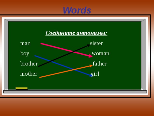 Words  Соедините антонимы: man sister boy woman brother father mother girl 