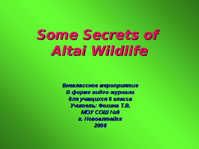 Some Secrets of  Altai Wildlife Внеклассное мероприятие В форме видео-журнала для учащихся 6 класса Учитель: Фокина Т.В. МОУ СОШ №9 г. Новоалтайск 2008 