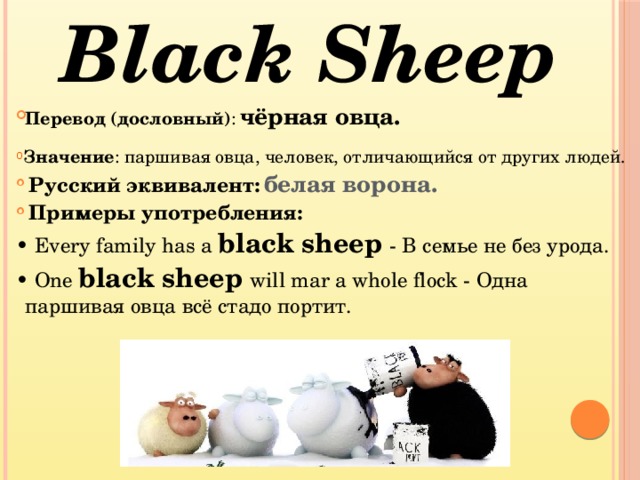 Black Sheep Перевод (дословный) :  чёрная овца.  Значение : паршивая овца, человек, отличающийся от других людей.  Русский эквивалент:  белая ворона.  Примеры употребления: • Every family has a black sheep - В семье не без урода. • One black sheep will mar a whole flock - Одна паршивая овца всё стадо портит. 