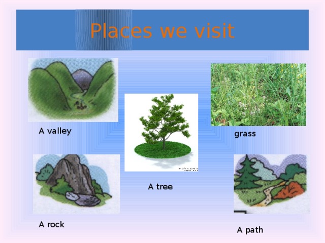 Places we visit A valley grass A tree A rock A path