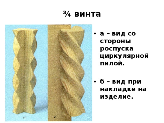 ¾ винта а – вид со стороны роспуска циркулярной пилой.  б – вид при накладке на изделие.  
