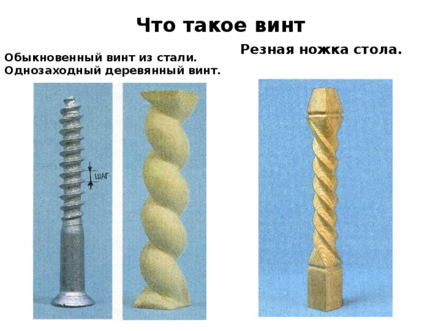 Что такое винт  Обыкновенный винт из стали. Однозаходный деревянный винт. Резная ножка стола. 