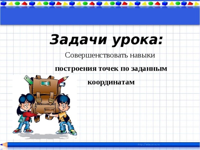  Задачи урока:   Совершенствовать навыки  построения точек по заданным  координатам   