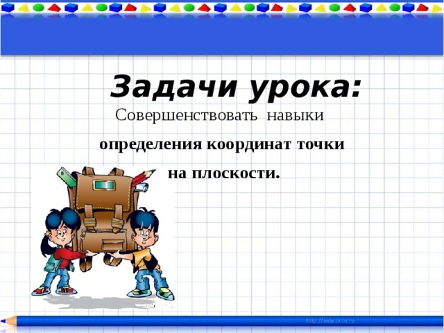  Задачи урока:   Совершенствовать навыки определения координат точки  на плоскости.   