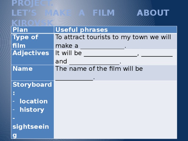 PROJECT.  LET’S MAKE A FILM ABOUT KIROVSK   Plan Useful phrases Type of film To attract tourists to my town we will make a ______________. Adjectives It will be _________________, __________ Name and ________________. The name of the film will be ____________. Storyboard: location history   - sightseeing 