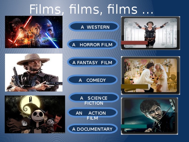 Films, films, films …  A WESTERN A HORROR FILM A FANTASY FILM A COMEDY A SCIENCE FICTION AN ACTION FILM A DOCUMENTARY 