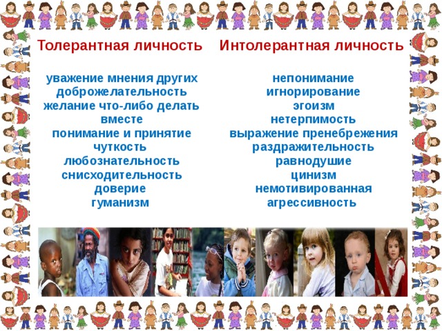 Толерантная личность уважение мнения других  доброжелательность  желание что-либо делать вместе  понимание и принятие  чуткость любознательность  снисходительность  доверие гуманизм Интолерантная личность непонимание  игнорирование  эгоизм  нетерпимость  выражение пренебрежения  раздражительность  равнодушие  цинизм  немотивированная агрессивность 