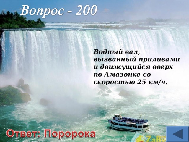 Водный вал, вызванный приливами и движущийся вверх по Амазонке со скоростью 25 км/ч. 
