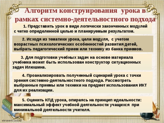 Алгоритм конструирования  урока в рамках системно-деятельностного подхода   1. Представить урок в виде логически законченных модулей с четко определенной целью и планируемым результатом. 2. Исходя из тематики урока, цели модуля,  с учетом возрастных психологических особенностей развития детей, выбрать педагогический прием или технику из банка приемов. 3. Для подготовки учебных задач на основе материала учебника может быть использован конструктор ситуационных задач Илюшина. 4. Проанализировать полученный сценарий урока с точки зрения системно-деятельностного подхода. Рассмотреть выбранные приемы или техники на предмет использования ИКТ для их реализации. 5. Оценить КПД урока, опираясь на принцип идеальности: максимальный эффект учебной деятельности учащихся   при минимальной деятельности учителя. 