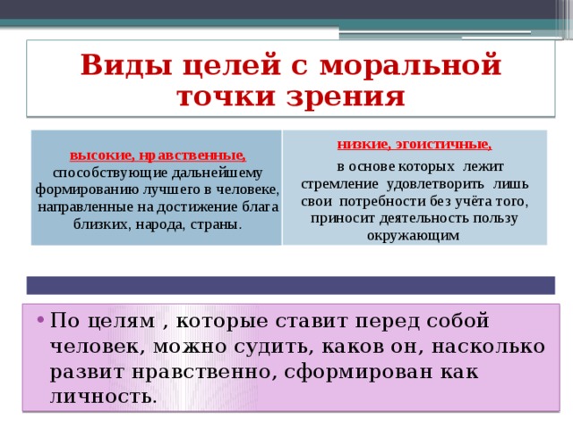 Виды целей с моральной точки зрения высокие, нравственные,  способствующие дальнейшему формированию лучшего в человеке, направленные на достижение блага близких, народа, страны. низкие, эгоистичные,    в основе которых лежит стремление  удовлетворить  лишь свои  потребности без учёта того, приносит деятельность пользу окружающим По целям , которые ставит перед собой человек, можно судить, каков он, насколько развит нравственно, сформирован как личность. 