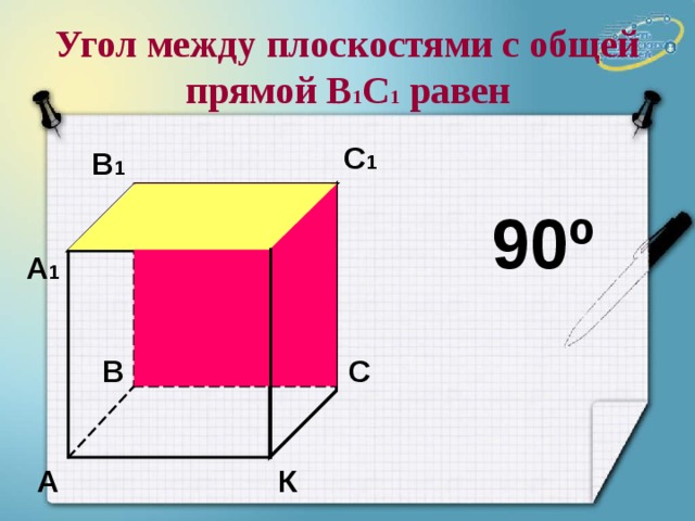 Угол между плоскостями с общей прямой В 1 С 1 равен С 1 В 1 90 º К 1 А 1 С В К А 