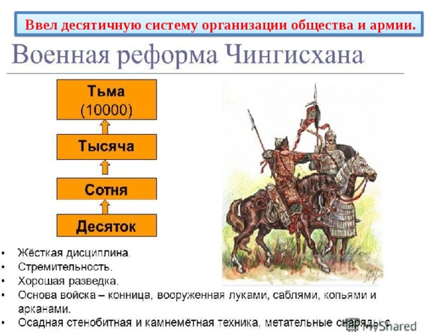  Ввел десятичную систему организации общества и армии. Организация монгольского  войска 
