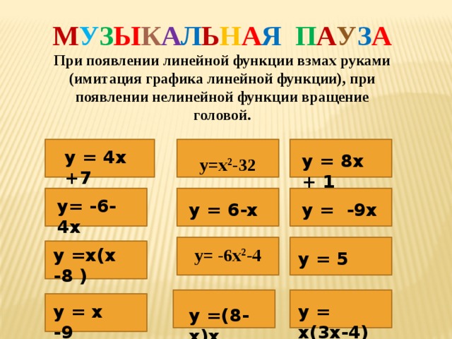М У З Ы К А Л Ь Н А Я П А У З А При появлении линейной функции взмах руками (имитация графика линейной функции), при появлении нелинейной функции вращение головой. у = 4х +7 у = 8х + 1 y=х 2 -32 у= -6-4х у = -9х у = 6-х у =х(х -8 ) y= -6х 2 -4 у = 5 у = х -9 у = х(3х-4) у =(8-х)х 