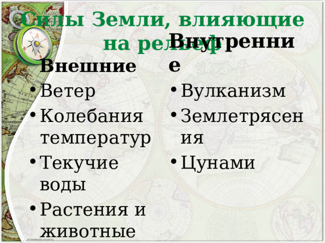 Силы Земли, влияющие на рельеф Внешние Внутренние Вулканизм Землетрясения Цунами Ветер Колебания температур Текучие воды Растения и животные 