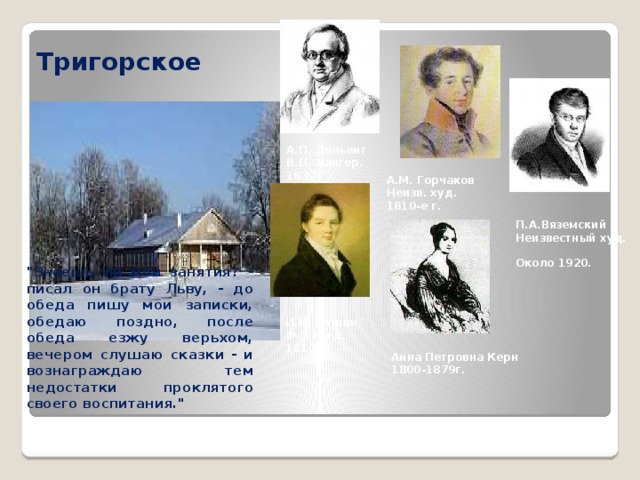 Тригорское А.П. Дельвиг  В.П. Лангер. 1830г А.М. Горчаков  Неизв. худ. 1810-е г. П.А.Вяземский  Неизвестный худ.  Около 1920. 