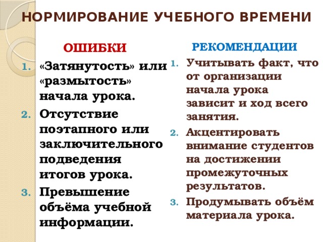 НОРМИРОВАНИЕ УЧЕБНОГО ВРЕМЕНИ ОШИБКИ РЕКОМЕНДАЦИИ «Затянутость» или «размытость» начала урока. Отсутствие поэтапного или заключительного подведения итогов урока. Превышение объёма учебной информации. Учитывать факт, что от организации начала урока зависит и ход всего занятия. Акцентировать внимание студентов на достижении промежуточных результатов. Продумывать объём материала урока.  