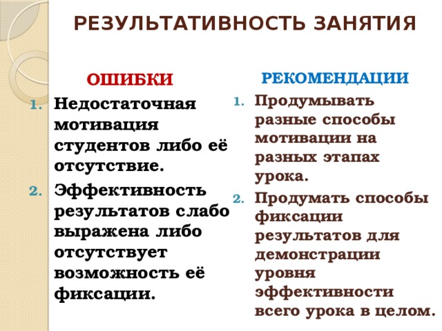 РЕЗУЛЬТАТИВНОСТЬ ЗАНЯТИЯ ОШИБКИ РЕКОМЕНДАЦИИ Недостаточная мотивация студентов либо её отсутствие. Эффективность результатов слабо выражена либо отсутствует возможность её фиксации. Продумывать разные способы мотивации на разных этапах урока. Продумать способы фиксации результатов для демонстрации уровня эффективности всего урока в целом.  