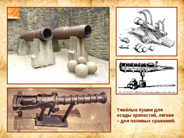 Тяжёлые пушки для осады крепостей, лёгкие – для полевых сражений. 