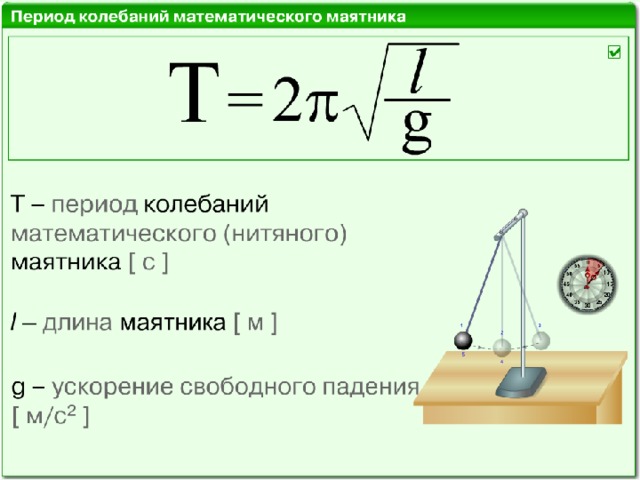 Период колебаний маятника приближенно можно вычислить. Период колебаний математического маятника формула. Формула для определения периода колебаний математического маятника. Формула для расчета периода колебаний математического маятника. Формула периода колебаний нитяного маятника.