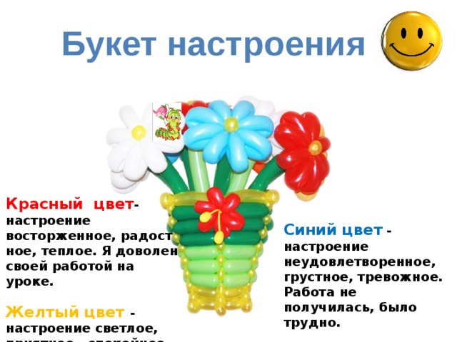 Красный цвет - настроение восторженное, радостное, теплое. Я доволен своей работой на уроке.   Желтый цвет - настроение светлое, приятное, спокойное. Я хорошо работал, но могу лучше.   Синий цвет - настроение неудовлетворенное, грустное, тревожное. Работа не получилась, было трудно. 