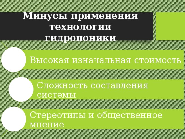 Минусы применения технологии гидропоники Высокая изначальная стоимость Сложность составления системы Стереотипы и общественное мнение 