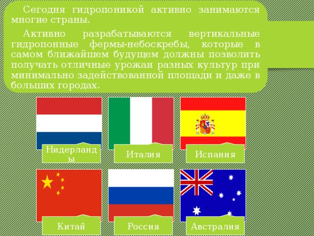 Сегодня гидропоникой активно занимаются многие страны. Активно разрабатываются вертикальные гидропонные фермы-небоскребы, которые в самом ближайшем будущем должны позволить получать отличные урожаи разных культур при минимально задействованной площади и даже в больших городах. Нидерланды Италия Испания Китай Россия Австралия 