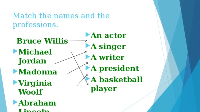 Match the names and the professions.  Bruce Willis An actor A singer A writer A president A basketball player Michael Jordan Madonna Virginia Woolf Abraham Lincoln  