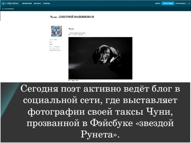 Сегодня поэт активно ведёт блог в социальной сети, где выставляет фотографии своей таксы Чуни, прозванной в Фэйсбуке «звездой Рунета».   