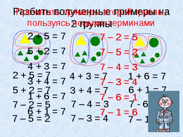 Прочитать примеры второй группы, пользуясь новыми терминами Разбить полученные примеры на 2 группы 2 + 5 = 7 5 + 2 = 7 4 + 3 = 7 3 + 4 = 7 1 + 6 = 7 6 + 1 = 7 7 – 2 = 5 7 – 5 = 2 7 – 4 = 3 7 – 3 = 4 7 – 6 = 1 7 – 1 = 6 7 – 2 = 5 7 – 5 = 2 7 – 4 = 3 7 – 3 = 4 7 – 6 = 1 7 – 1 = 6 2 + 5 = 7 1 + 6 = 7 4 + 3 = 7 6 + 1 = 7 5 + 2 = 7 3 + 4 = 7 7 – 4 = 3 7 - 6 = 1 7 – 2 = 5 7 – 3 = 4 7 – 5 = 2 7 – 1 = 6 